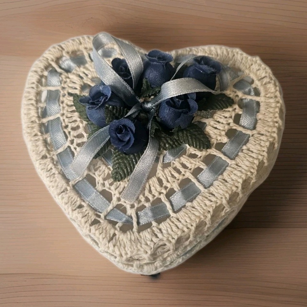 Vintage heart-shaped Hand Crocheted Trinket Box Blue Flowers Cottage Core